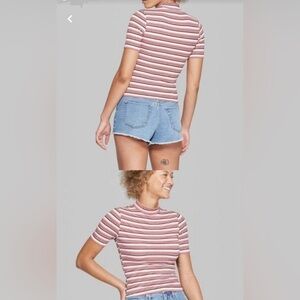 WILD FABLE multi-color horizontal striped short sleeve mock neck top. Ribbed.